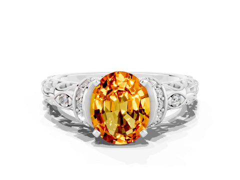 White gold Oval Cut Citrine Solitaire Ring with Filigree Band and Four-Prong Setting_24