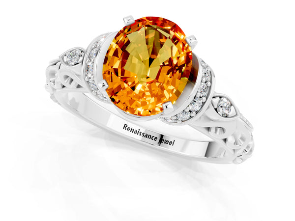Silver Oval Cut Citrine Solitaire Ring with Filigree Band and Four-Prong Setting