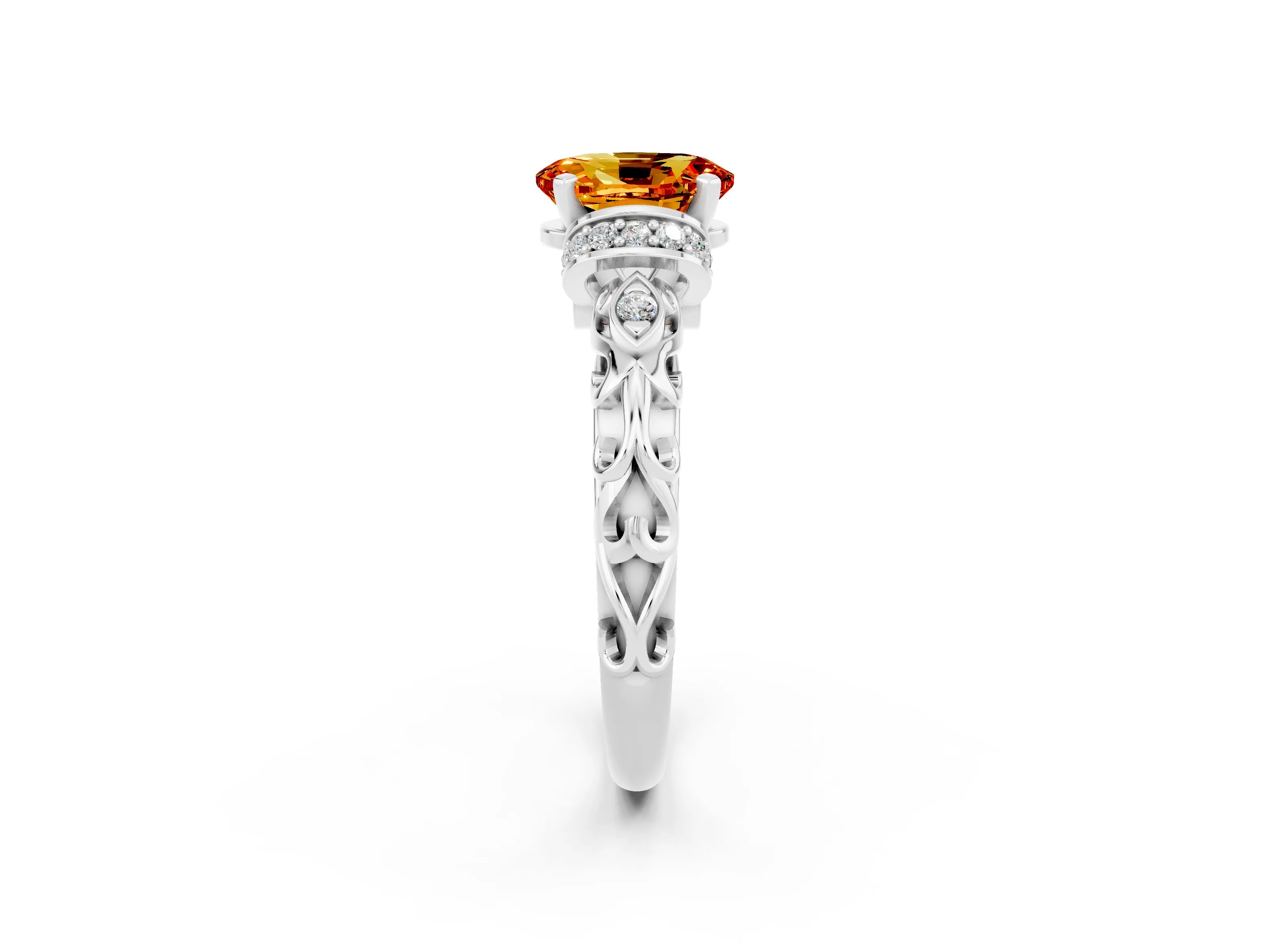 White gold Oval Cut Citrine Solitaire Ring with Filigree Band and Four-Prong Setting_26