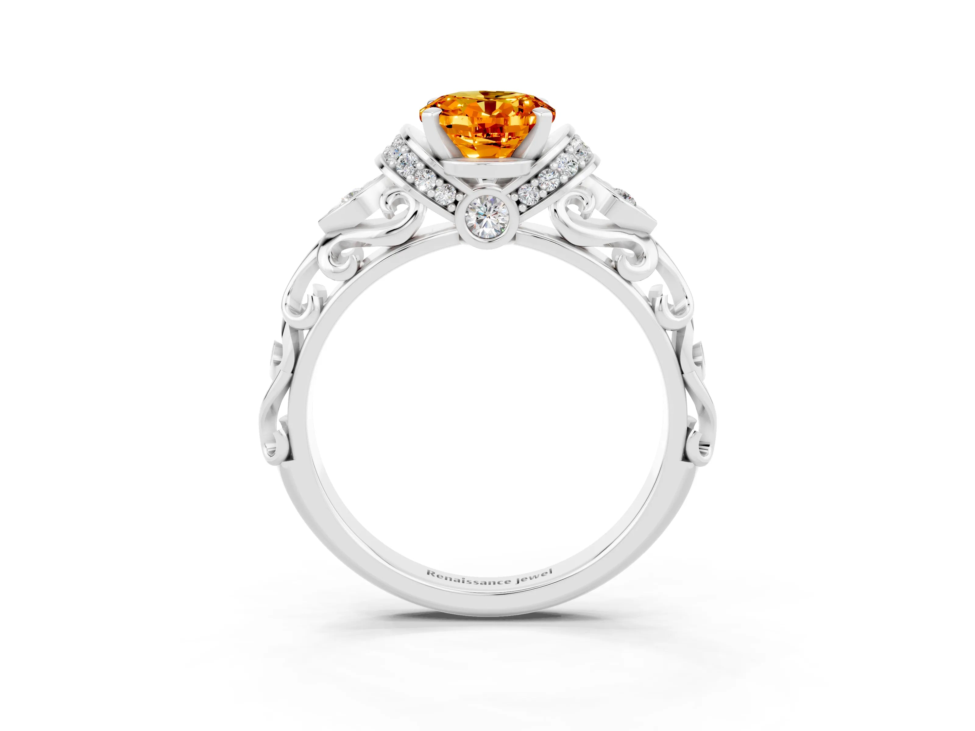 White gold Oval Cut Citrine Solitaire Ring with Filigree Band and Four-Prong Setting_27