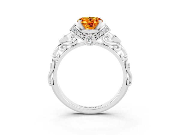 Silver Oval Cut Citrine Solitaire Ring with Filigree Band and Four-Prong Setting