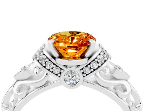 White gold Oval Cut Citrine Solitaire Ring with Filigree Band and Four-Prong Setting_28
