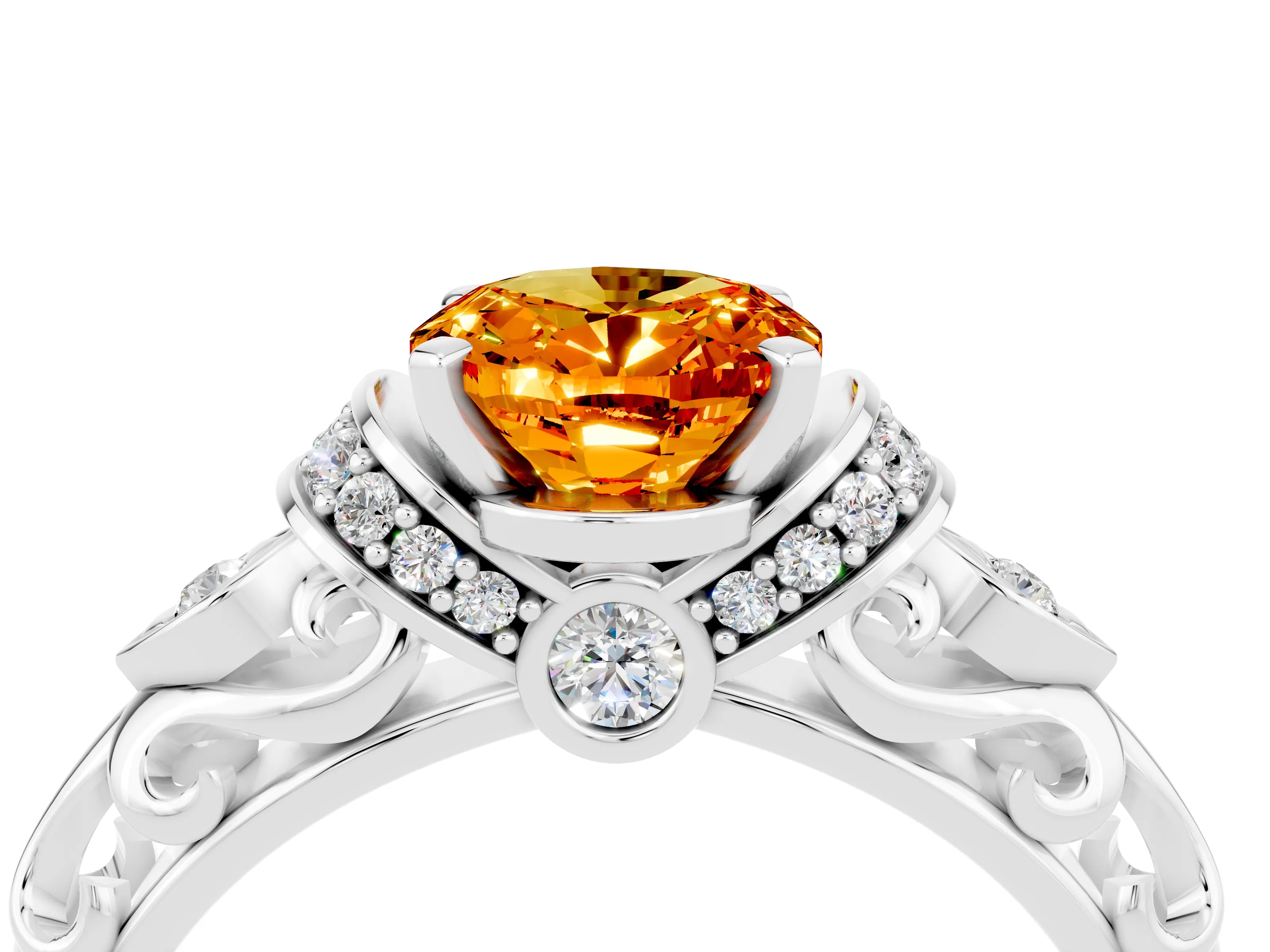 White gold Oval Cut Citrine Solitaire Ring with Filigree Band and Four-Prong Setting_28