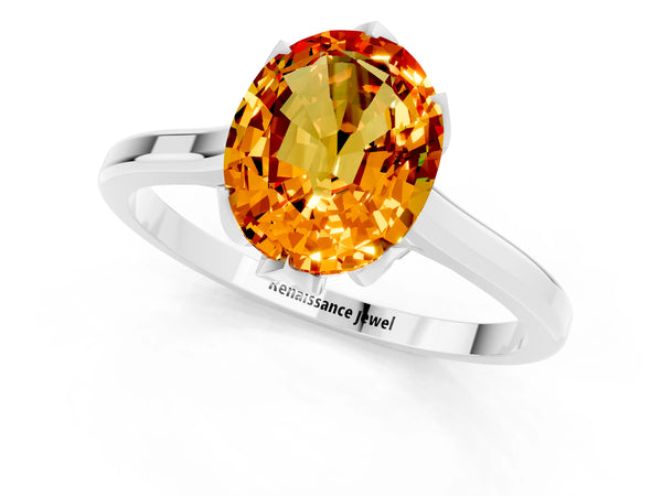 Platinum Oval Cut Citrine Solitaire Ring with Flower Prong Setting and Classic Band