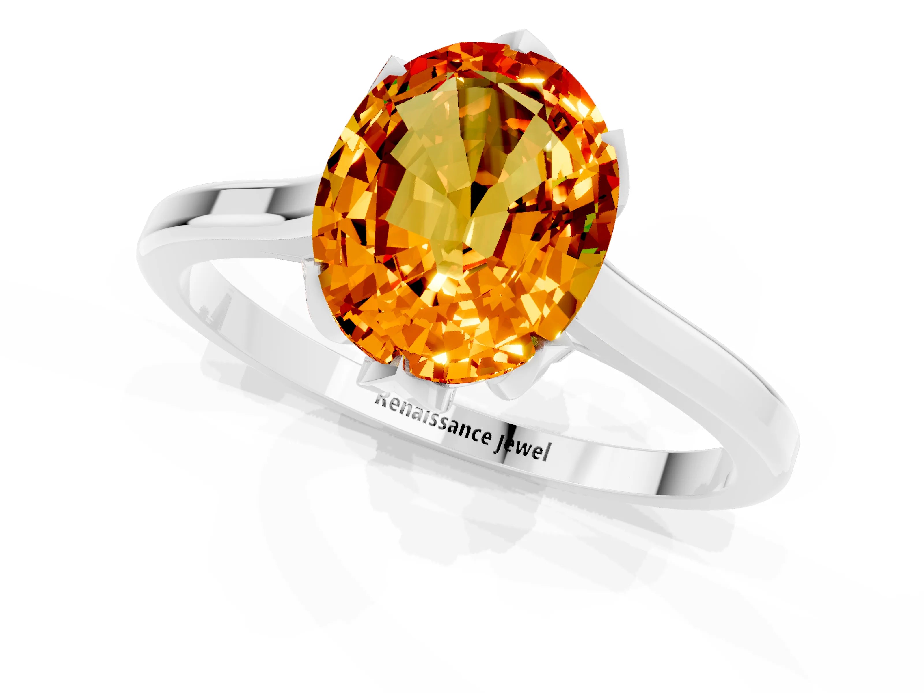 White gold Oval Cut Citrine Solitaire Ring with Flower Prong Setting and Classic Band_25