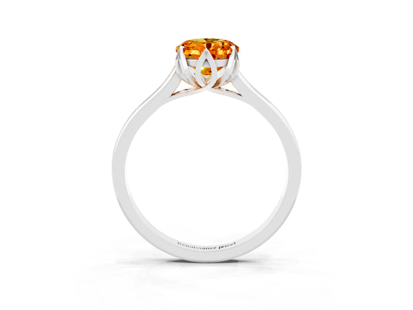 Silver Oval Cut Citrine Solitaire Ring with Flower Prong Setting and Classic Band