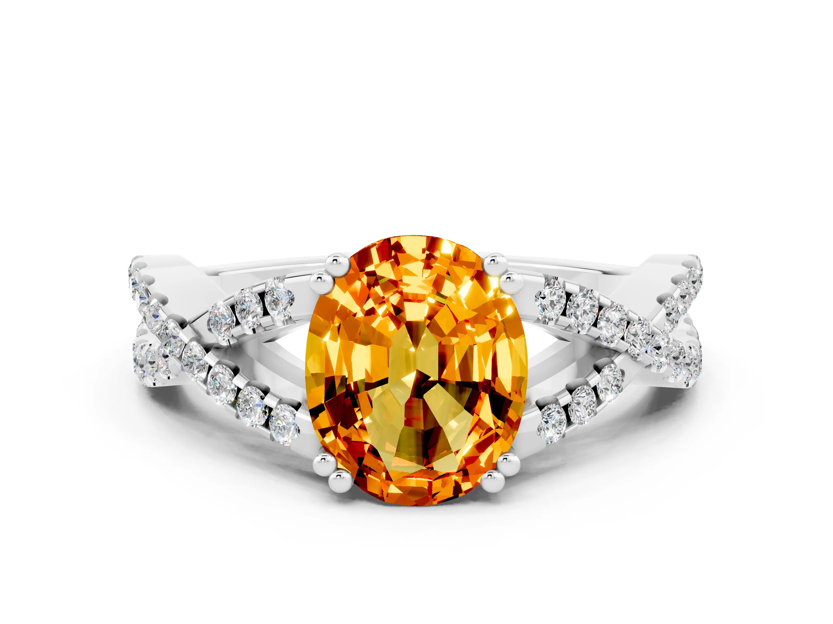 White gold Oval Cut Citrine Solitaire Ring with Four-Prong Setting and Twisted Pavé Band