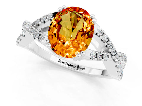 White gold Oval Cut Citrine Solitaire Ring with Four-Prong Setting and Twisted Pavé Band_1
