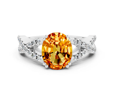 White gold Oval Cut Citrine Solitaire Ring with Four-Prong Setting and Twisted Pavé Band