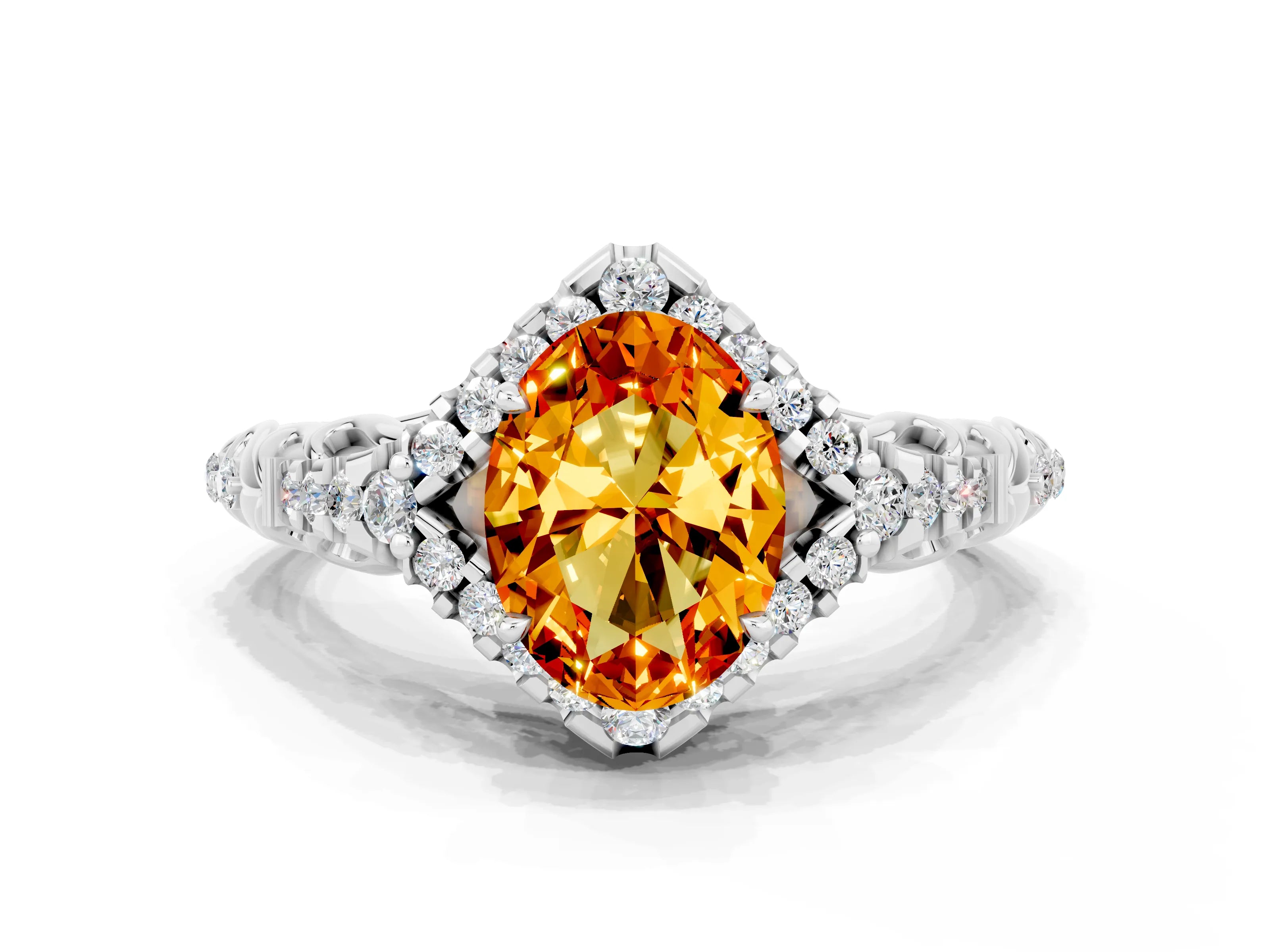 White gold Oval Cut Citrine Solitaire Ring with Hidden Halo and Pavé Band_12