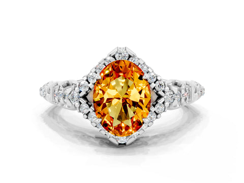 White gold Oval Cut Citrine Solitaire Ring with Hidden Halo and Pavé Band_12