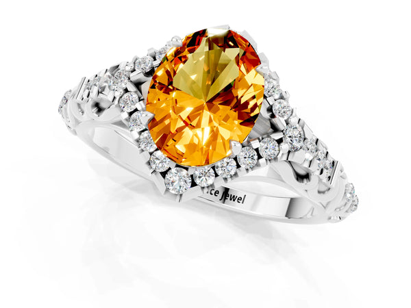 Silver Oval Cut Citrine Solitaire Ring with Hidden Halo and Pavé Band