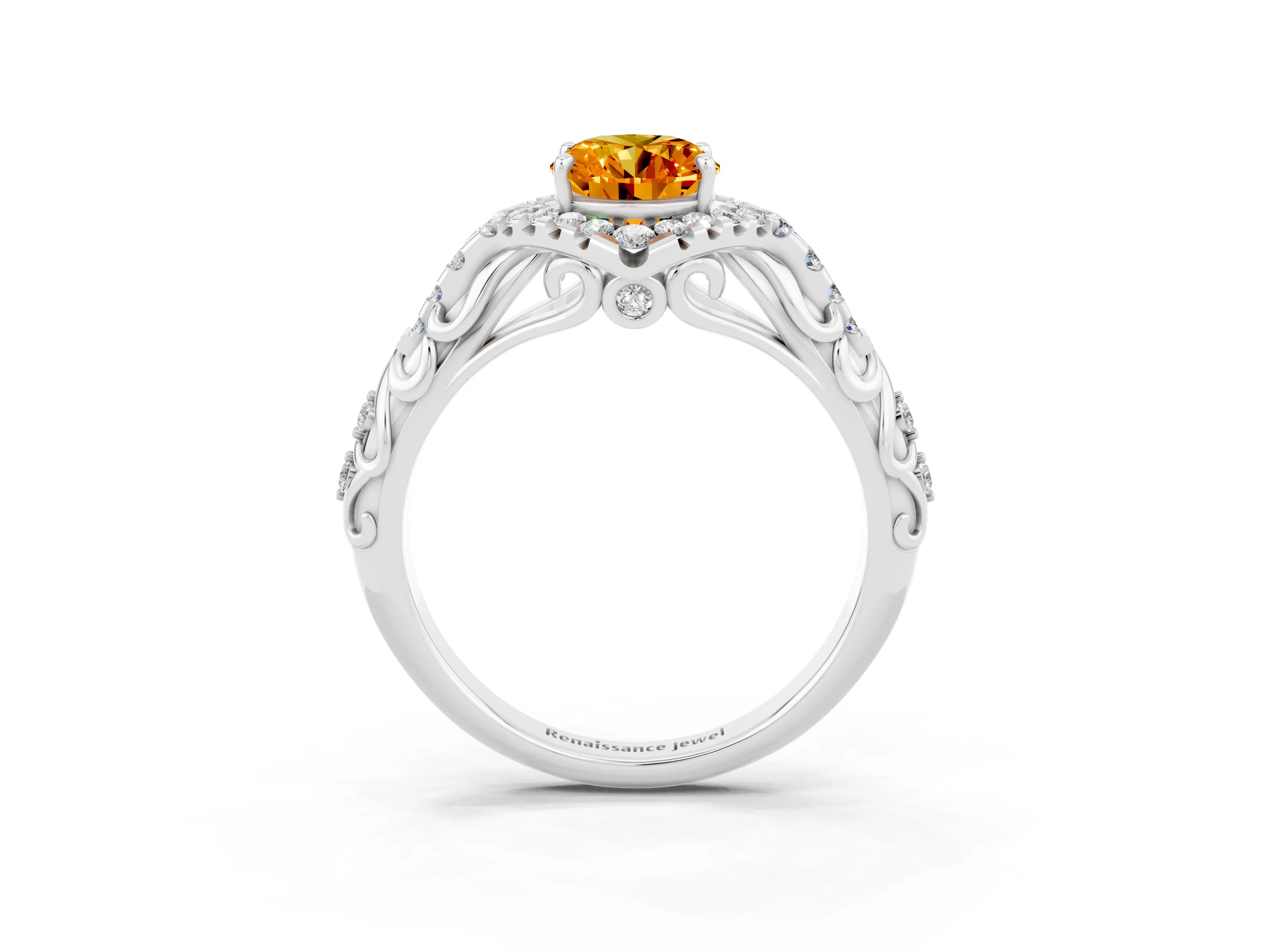 White gold Oval Cut Citrine Solitaire Ring with Hidden Halo and Pavé Band_15
