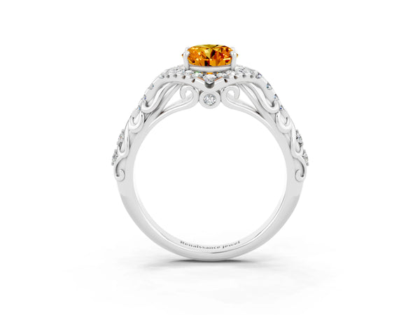 Silver Oval Cut Citrine Solitaire Ring with Hidden Halo and Pavé Band