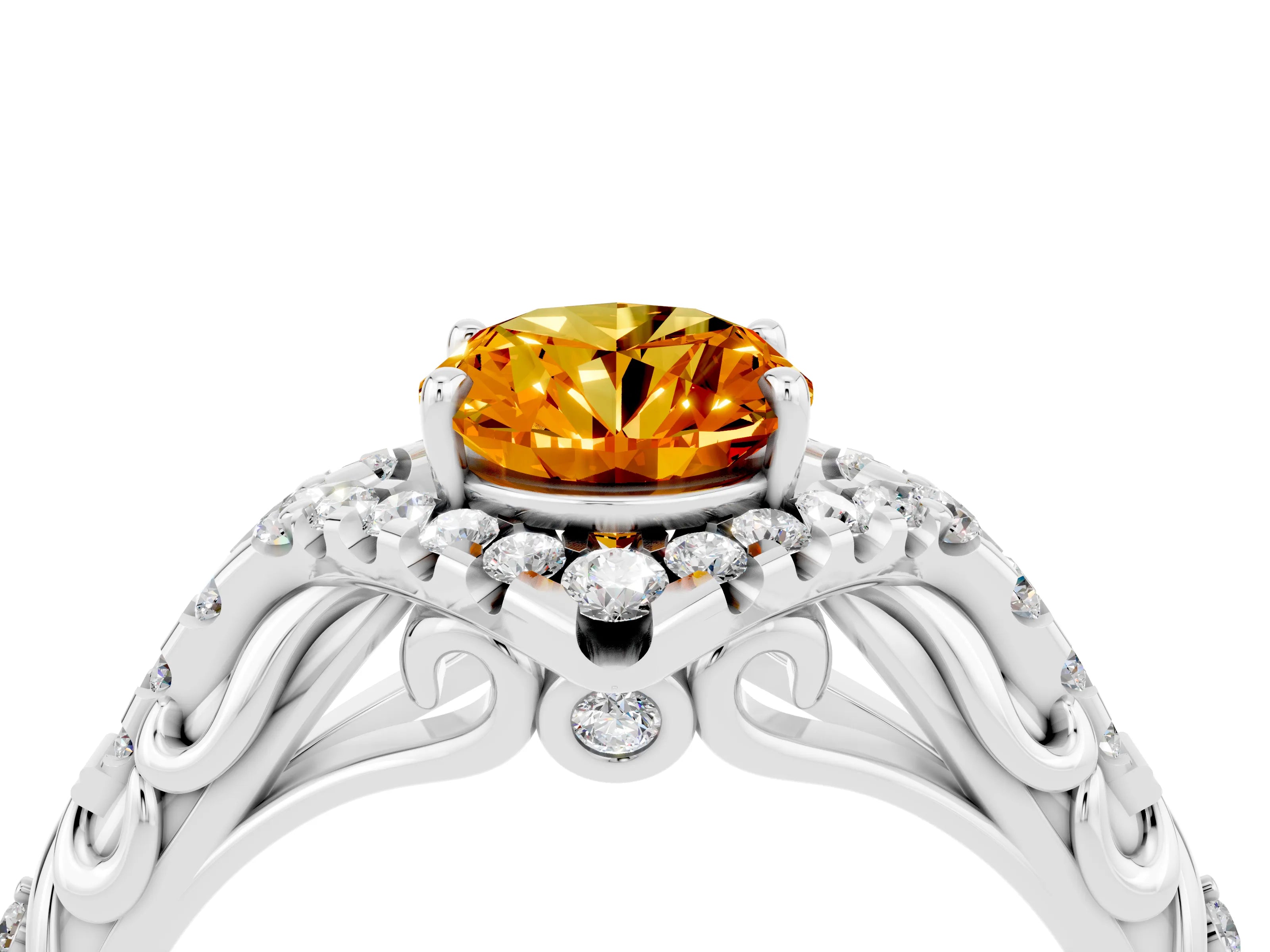 White gold Oval Cut Citrine Solitaire Ring with Hidden Halo and Pavé Band_16