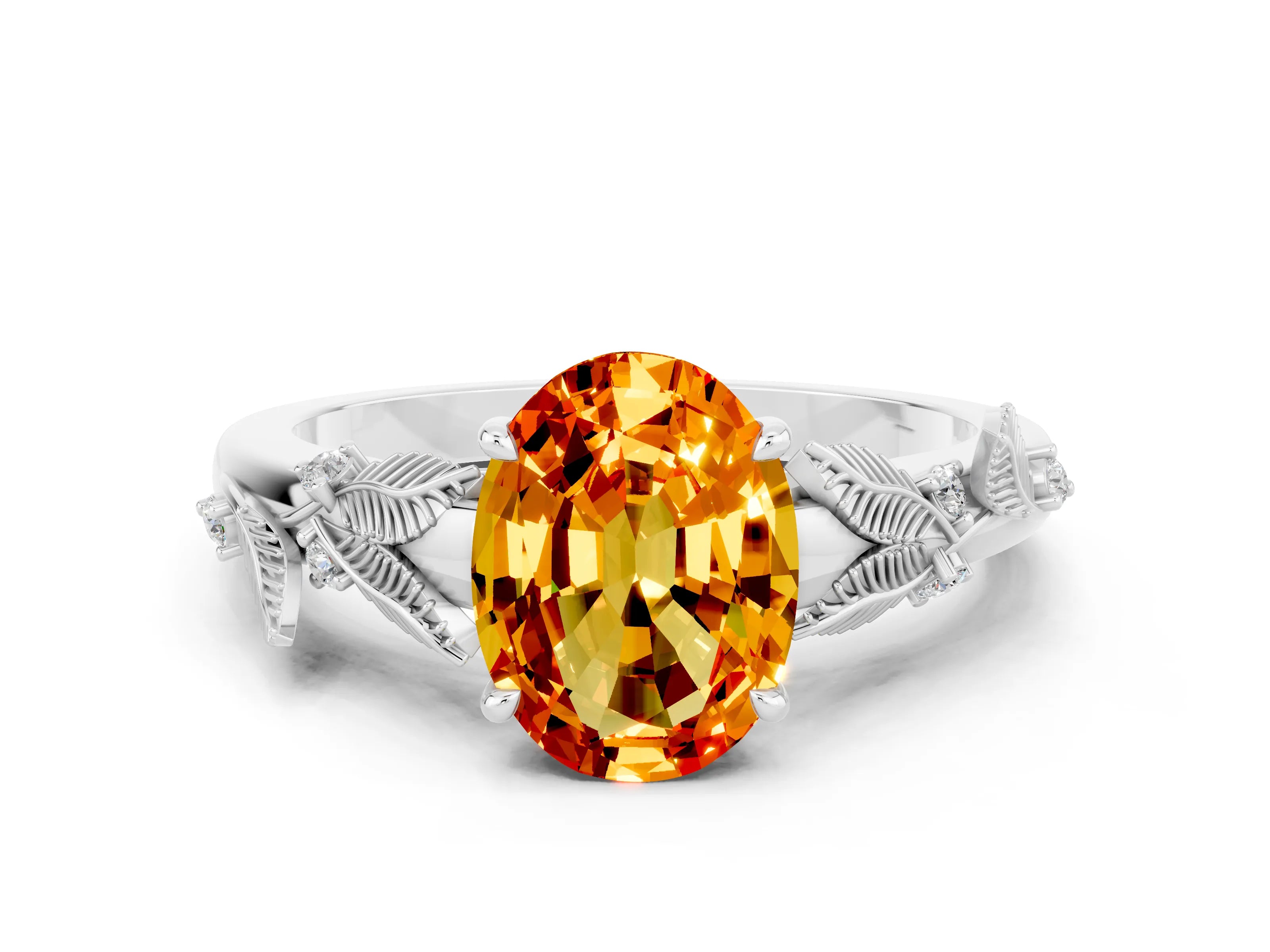 White gold Oval Cut Citrine Solitaire Ring with Leaf Motif Band and Four-Prong Setting