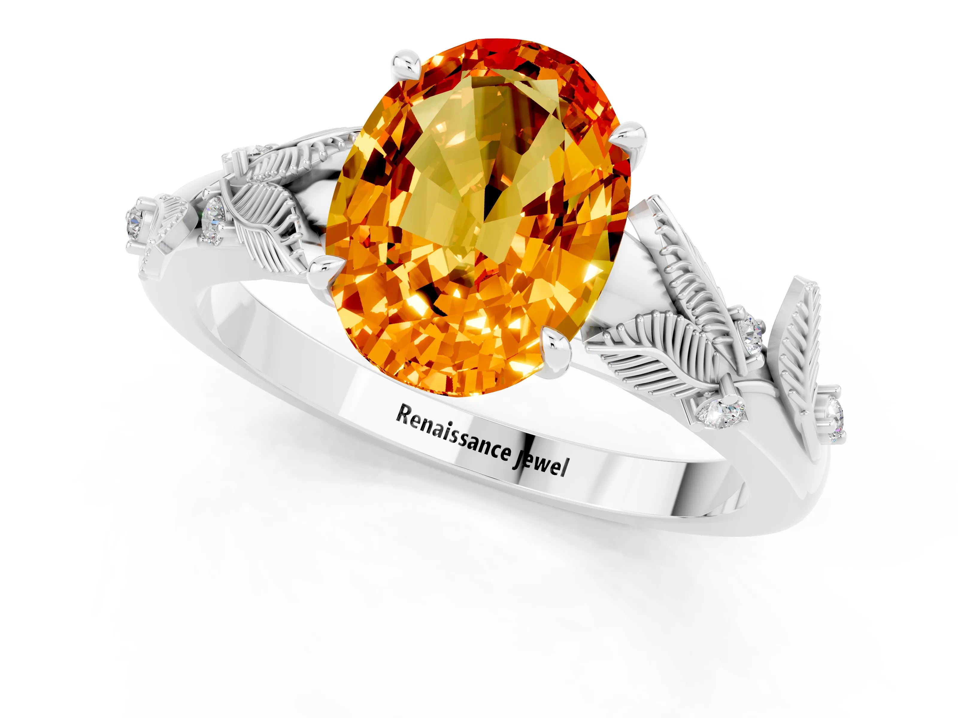 White gold Oval Cut Citrine Solitaire Ring with Leaf Motif Band and Four-Prong Setting_1