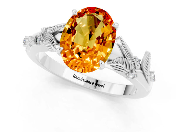 Platinum Oval Cut Citrine Solitaire Ring with Leaf Motif Band and Four-Prong Setting