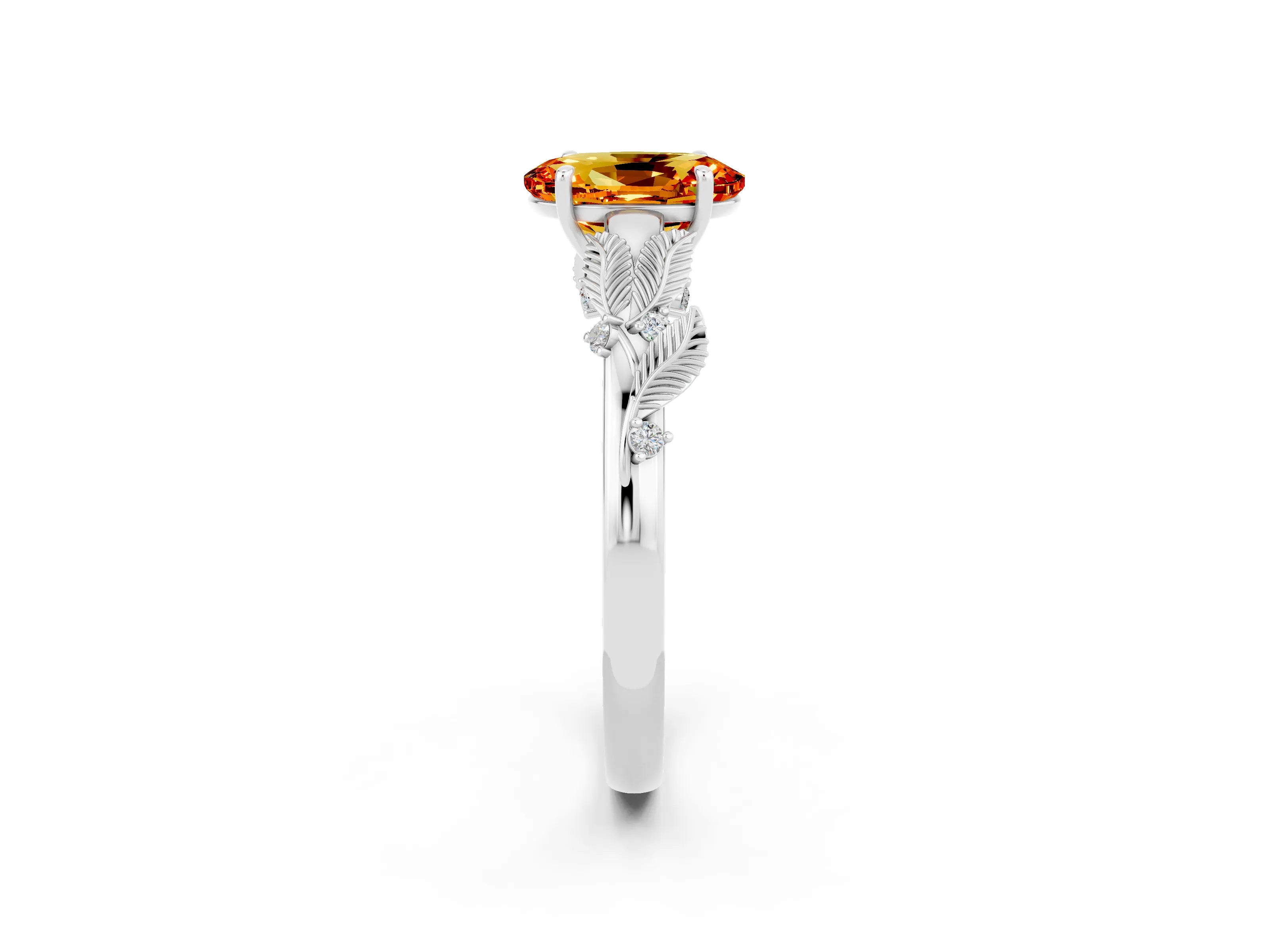 White gold Oval Cut Citrine Solitaire Ring with Leaf Motif Band and Four-Prong Setting_14