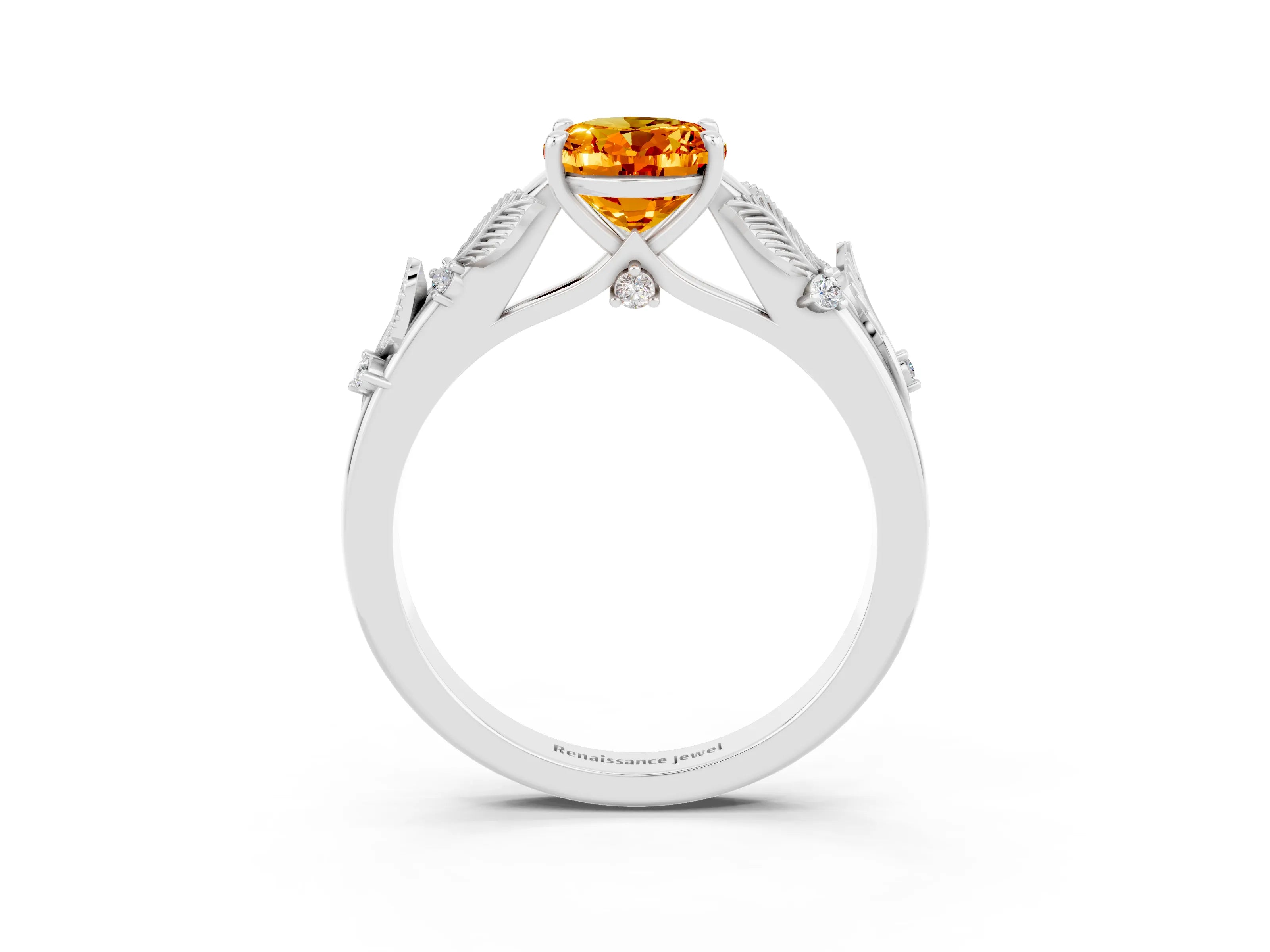 White gold Oval Cut Citrine Solitaire Ring with Leaf Motif Band and Four-Prong Setting_15