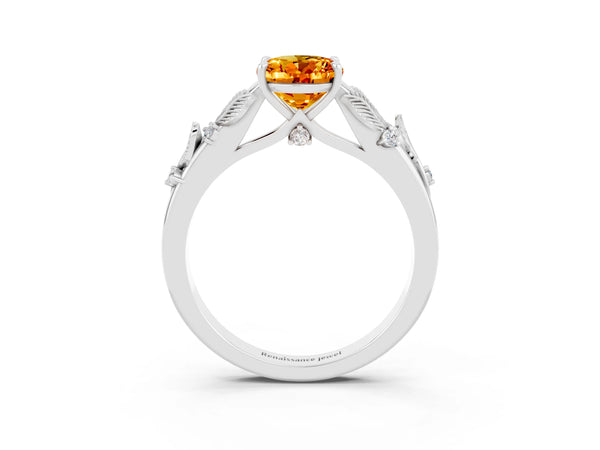 White gold Oval Cut Citrine Solitaire Ring with Leaf Motif Band and Four-Prong Setting