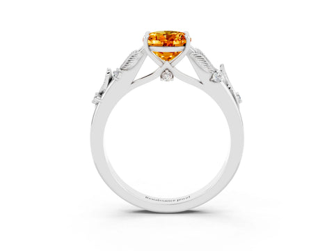 White gold Oval Cut Citrine Solitaire Ring with Leaf Motif Band and Four-Prong Setting_15