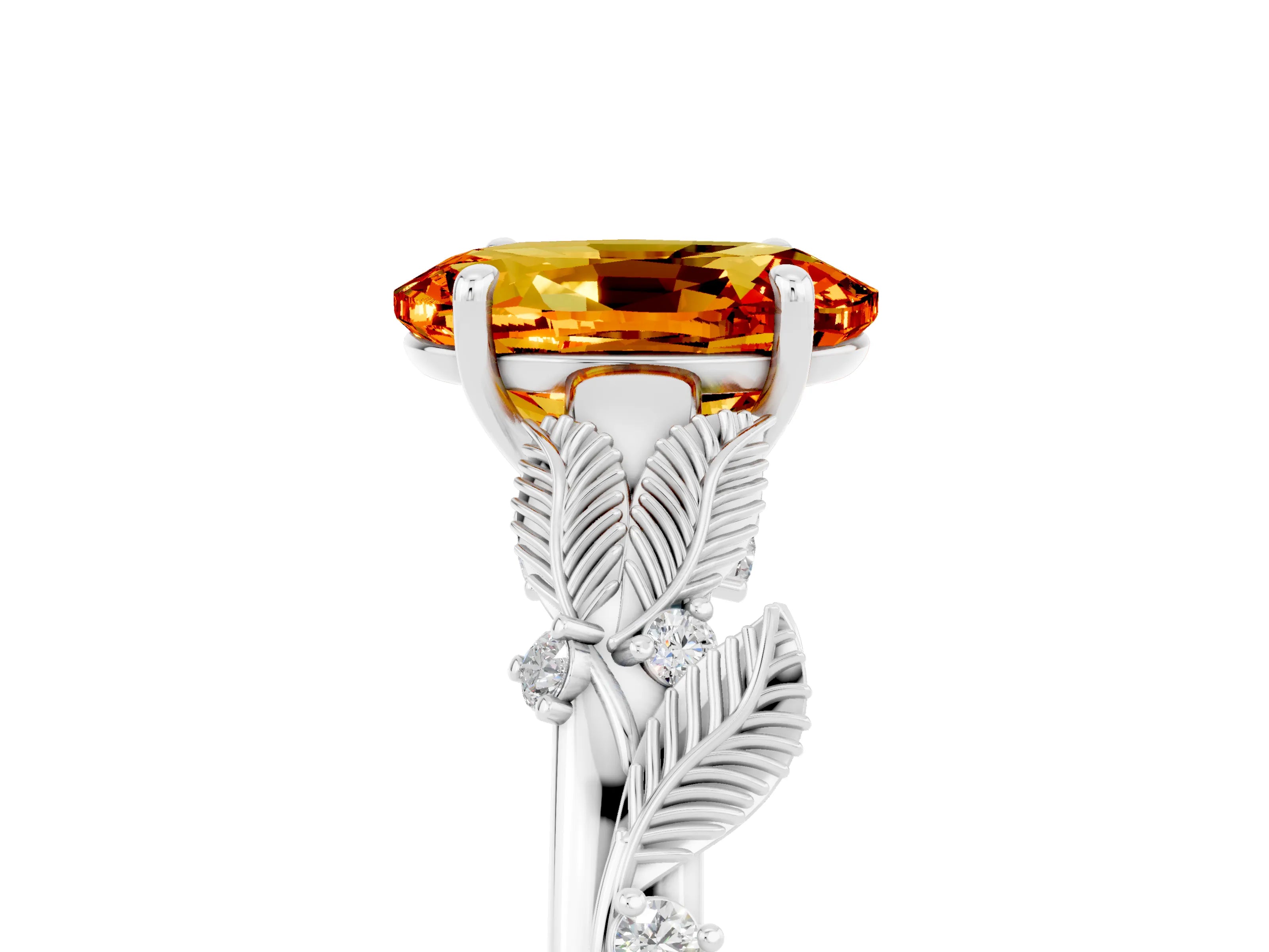 White gold Oval Cut Citrine Solitaire Ring with Leaf Motif Band and Four-Prong Setting_17