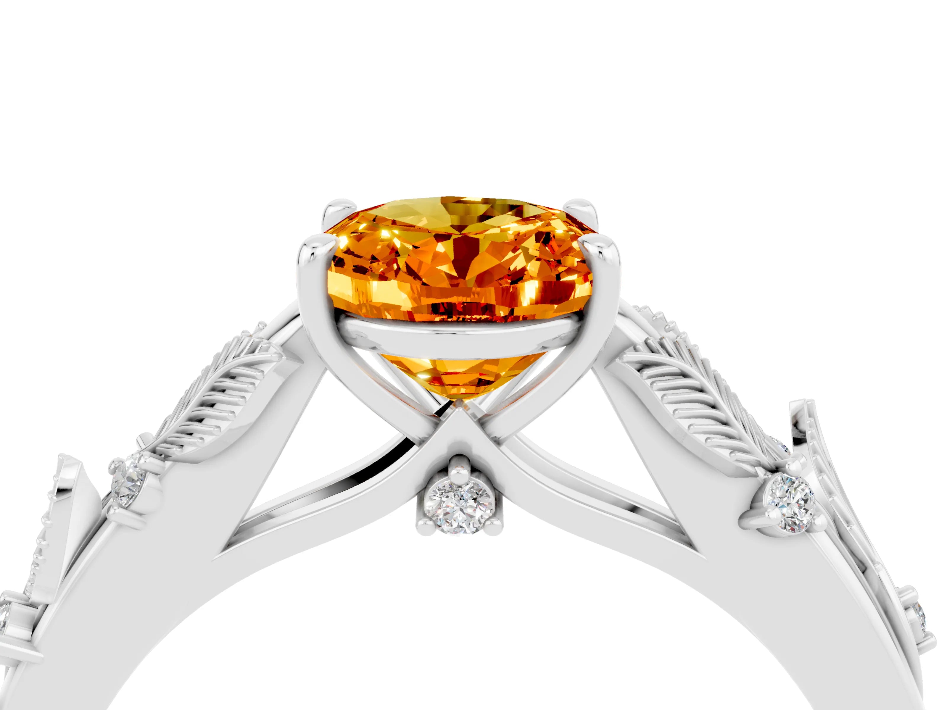 White gold Oval Cut Citrine Solitaire Ring with Leaf Motif Band and Four-Prong Setting_4