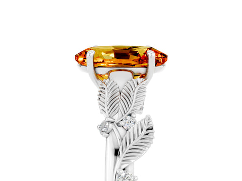 White gold Oval Cut Citrine Solitaire Ring with Leaf Motif Band and Four-Prong Setting_5