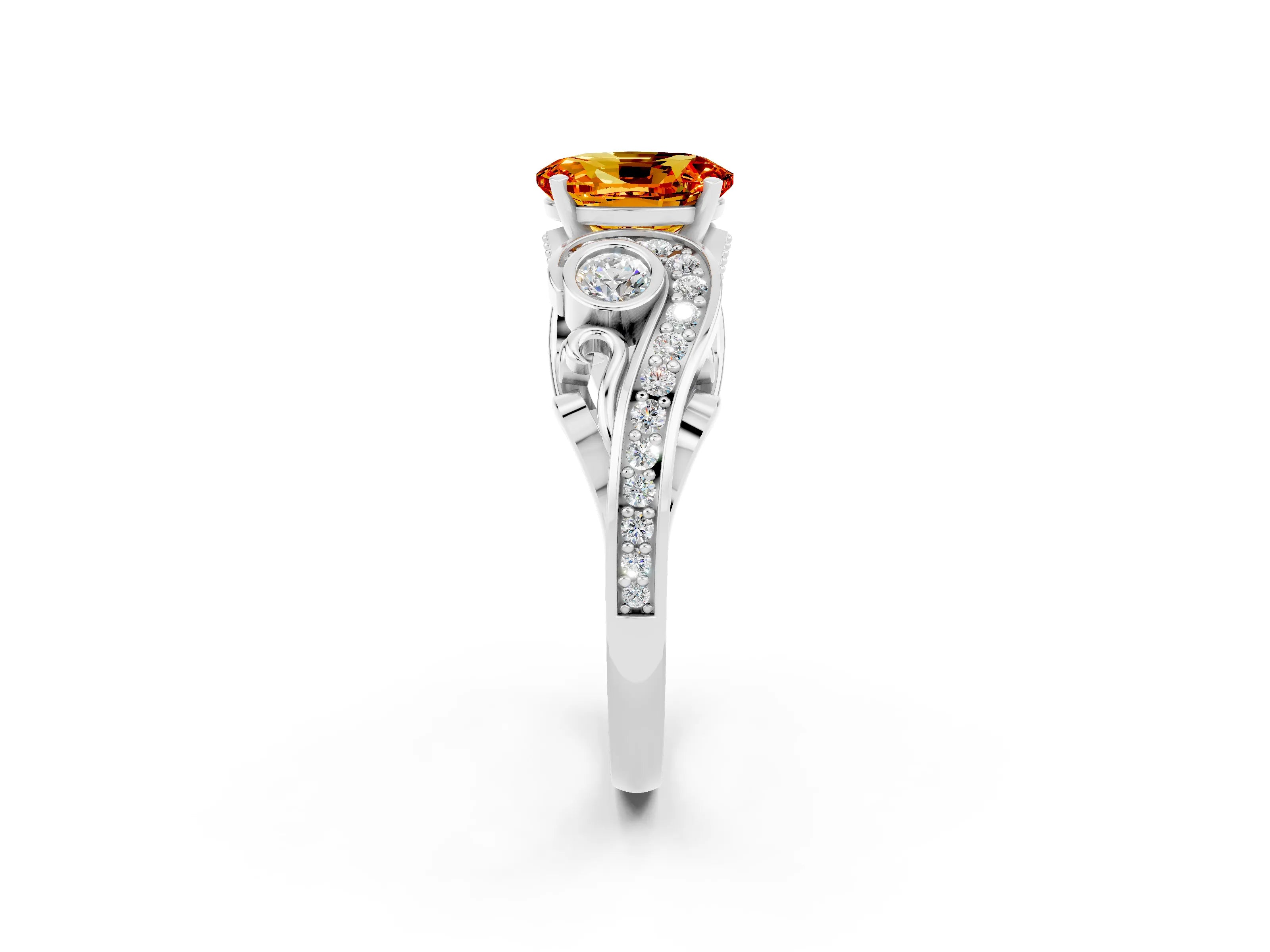White gold Oval Cut Citrine Solitaire Ring with Milgrain Pavé Band and Four-Prong Setting_14