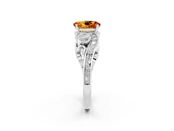 Platinum Oval Cut Citrine Solitaire Ring with Milgrain Pavé Band and Four-Prong Setting