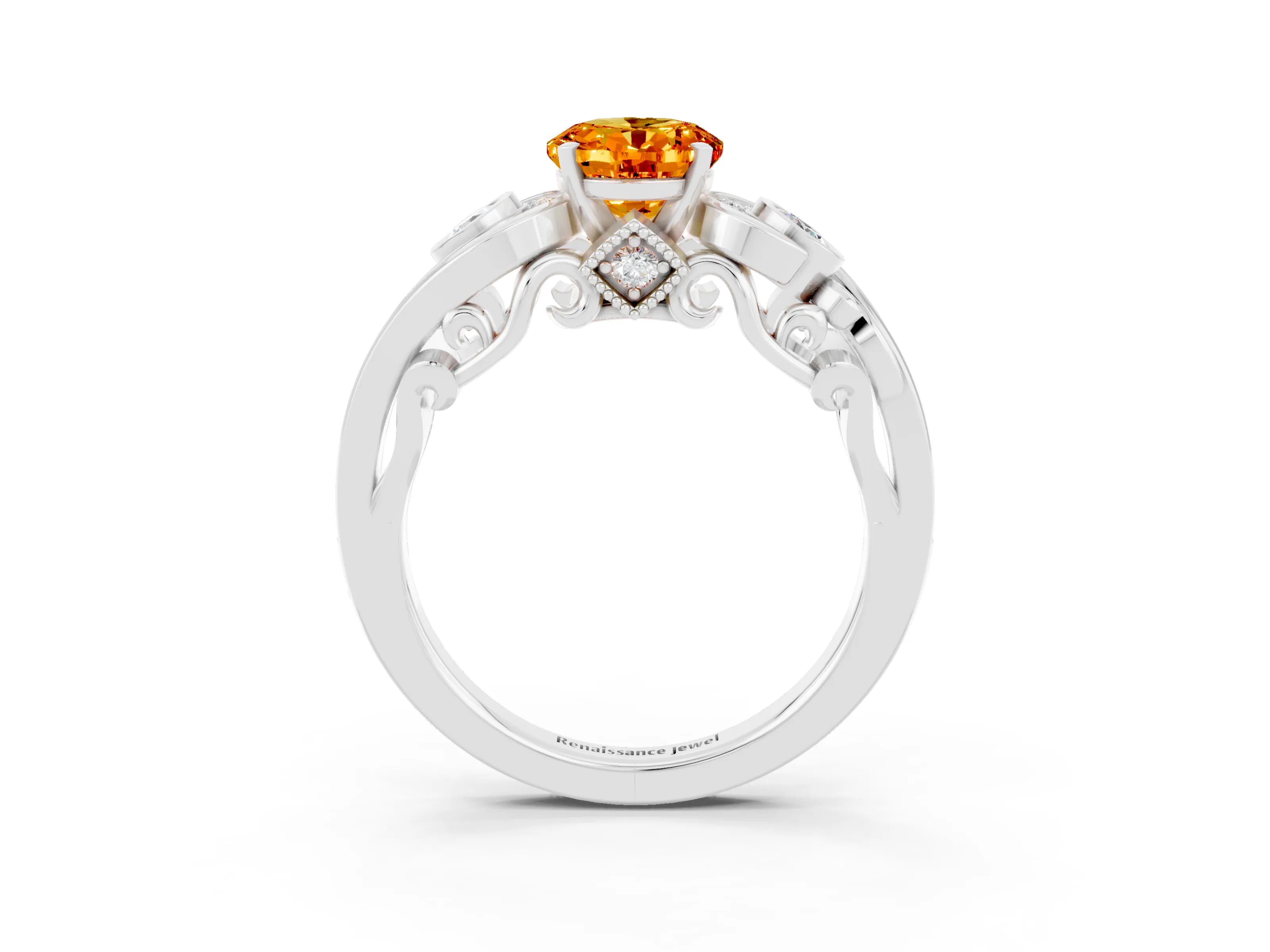 White gold Oval Cut Citrine Solitaire Ring with Milgrain Pavé Band and Four-Prong Setting_15
