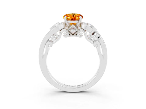 White gold Oval Cut Citrine Solitaire Ring with Milgrain Pavé Band and Four-Prong Setting_15