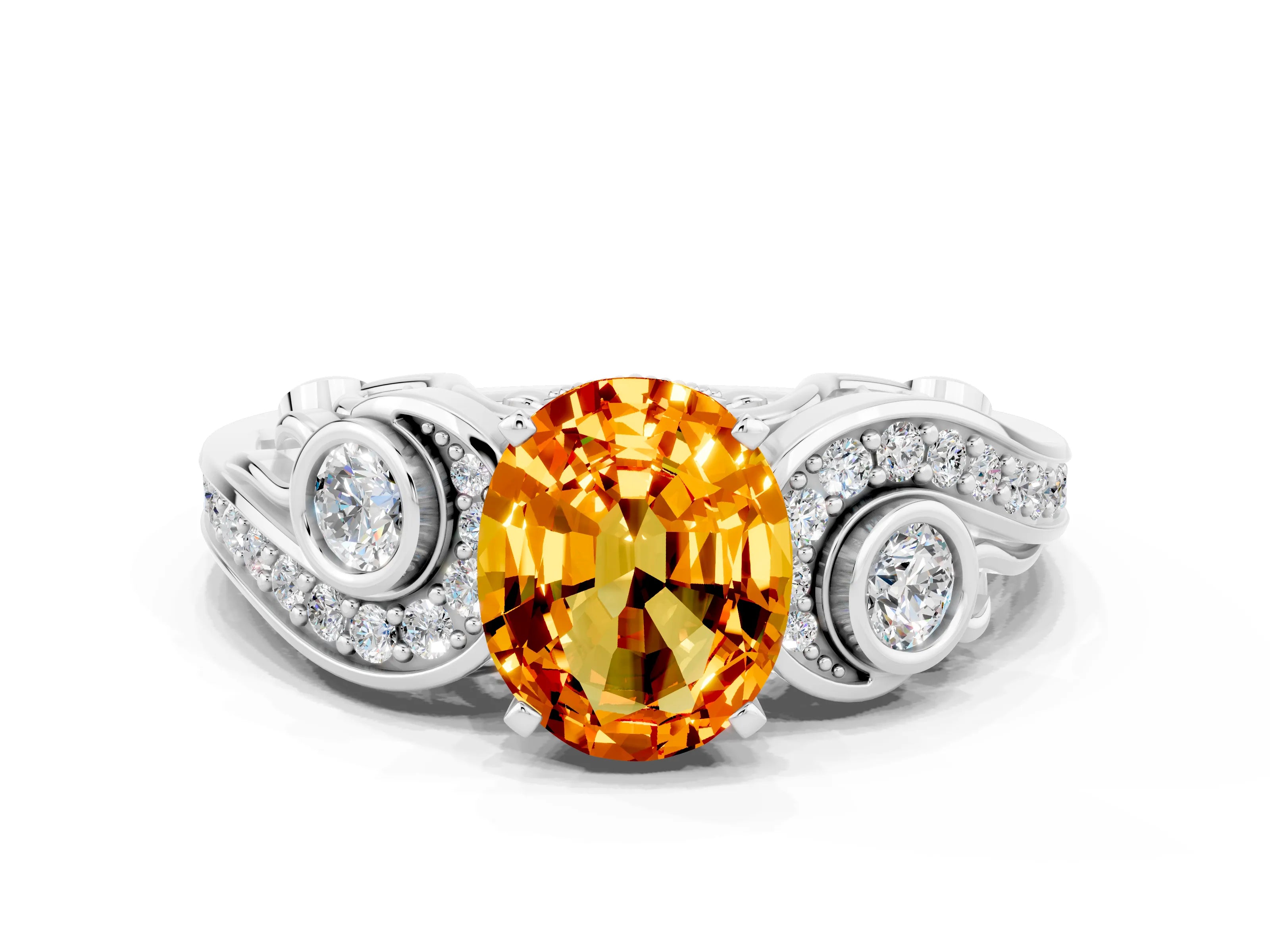 White gold Oval Cut Citrine Solitaire Ring with Milgrain Pavé Band and Four-Prong Setting_48