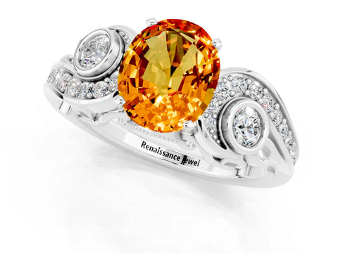 White gold Oval Cut Citrine Solitaire Ring with Milgrain Pavé Band and Four-Prong Setting_49