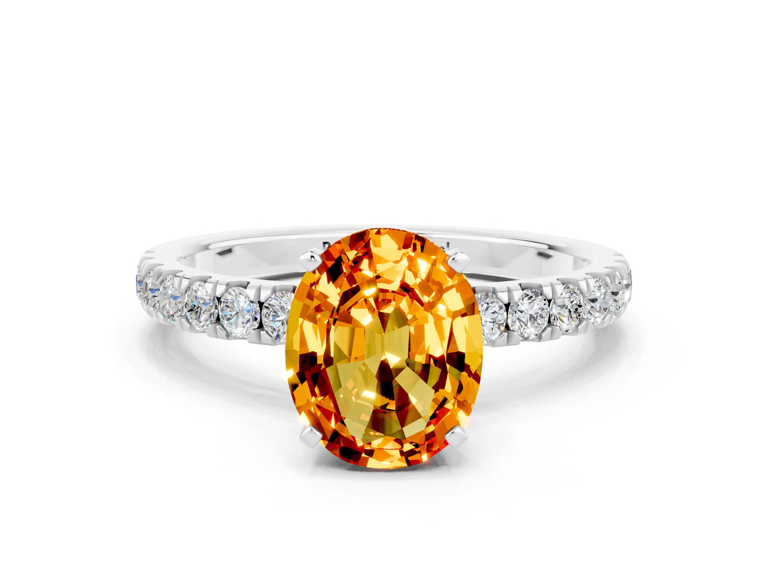 White gold Oval Cut Citrine Solitaire Ring with Pavé Accents and Four-Prong Setting