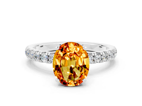 White gold Oval Cut Citrine Solitaire Ring with Pavé Accents and Four-Prong Setting