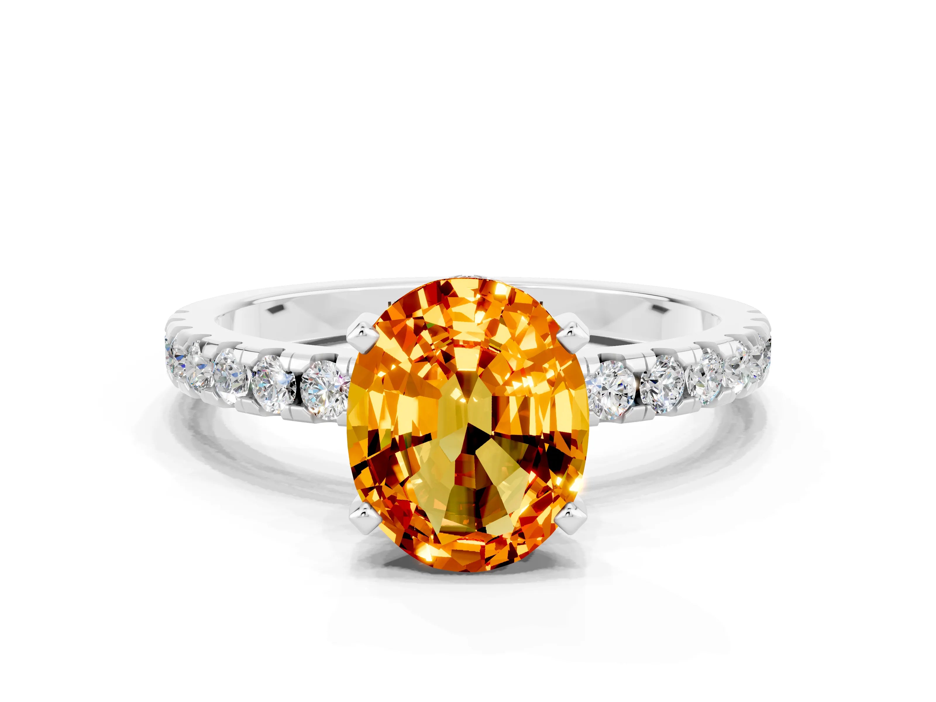 White gold Oval Cut Citrine Solitaire Ring with Pavé Band and Four-Prong Setting_12