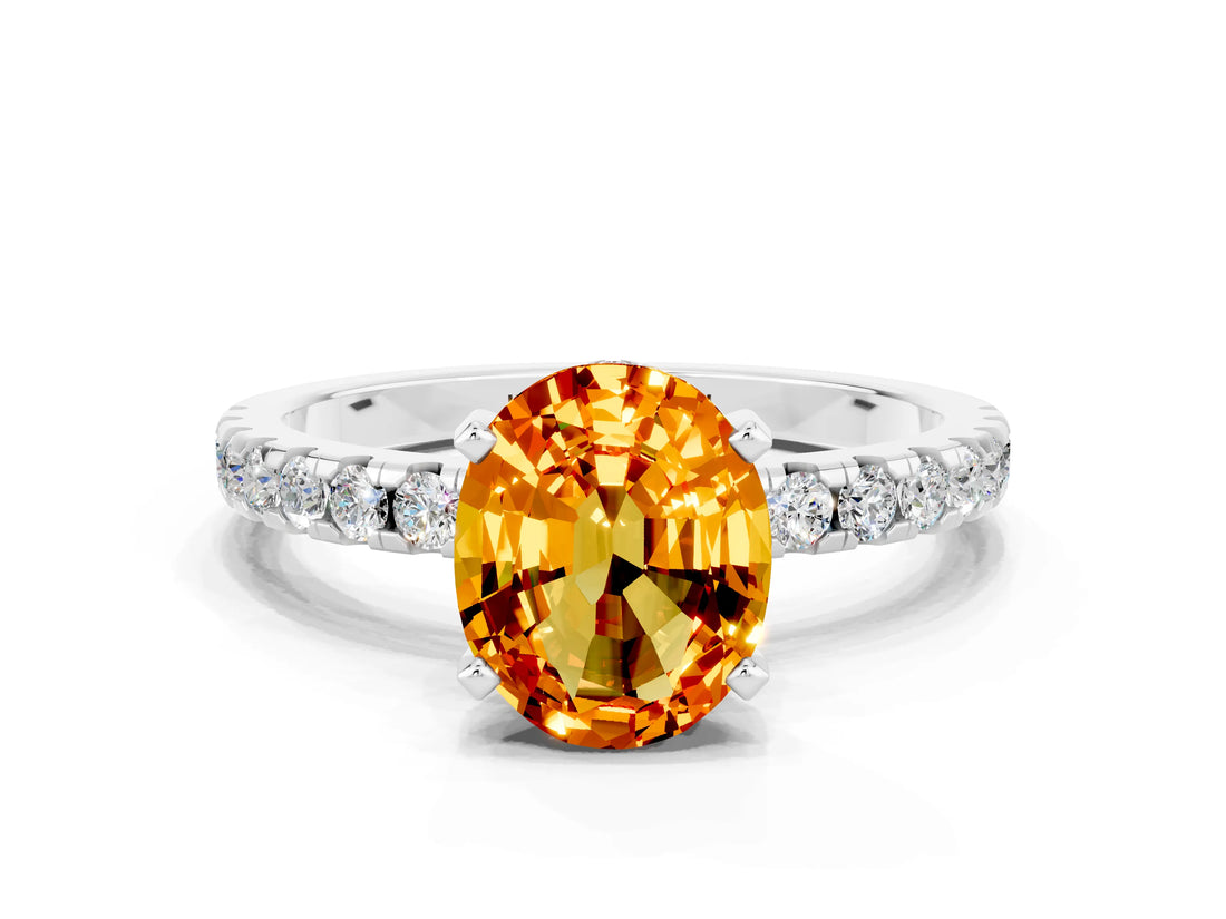 White gold Oval Cut Citrine Solitaire Ring with Pavé Band and Four-Prong Setting_12