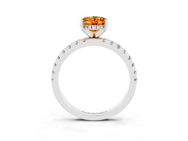 White gold Oval Cut Citrine Solitaire Ring with Round  Pavé Band and Four-Prong Setting