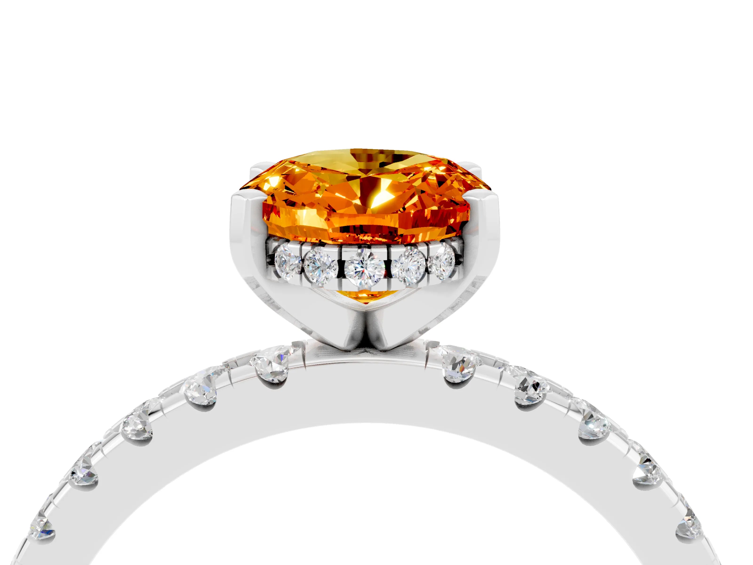 White gold Oval Cut Citrine Solitaire Ring with Pavé Band and Four-Prong Setting_16