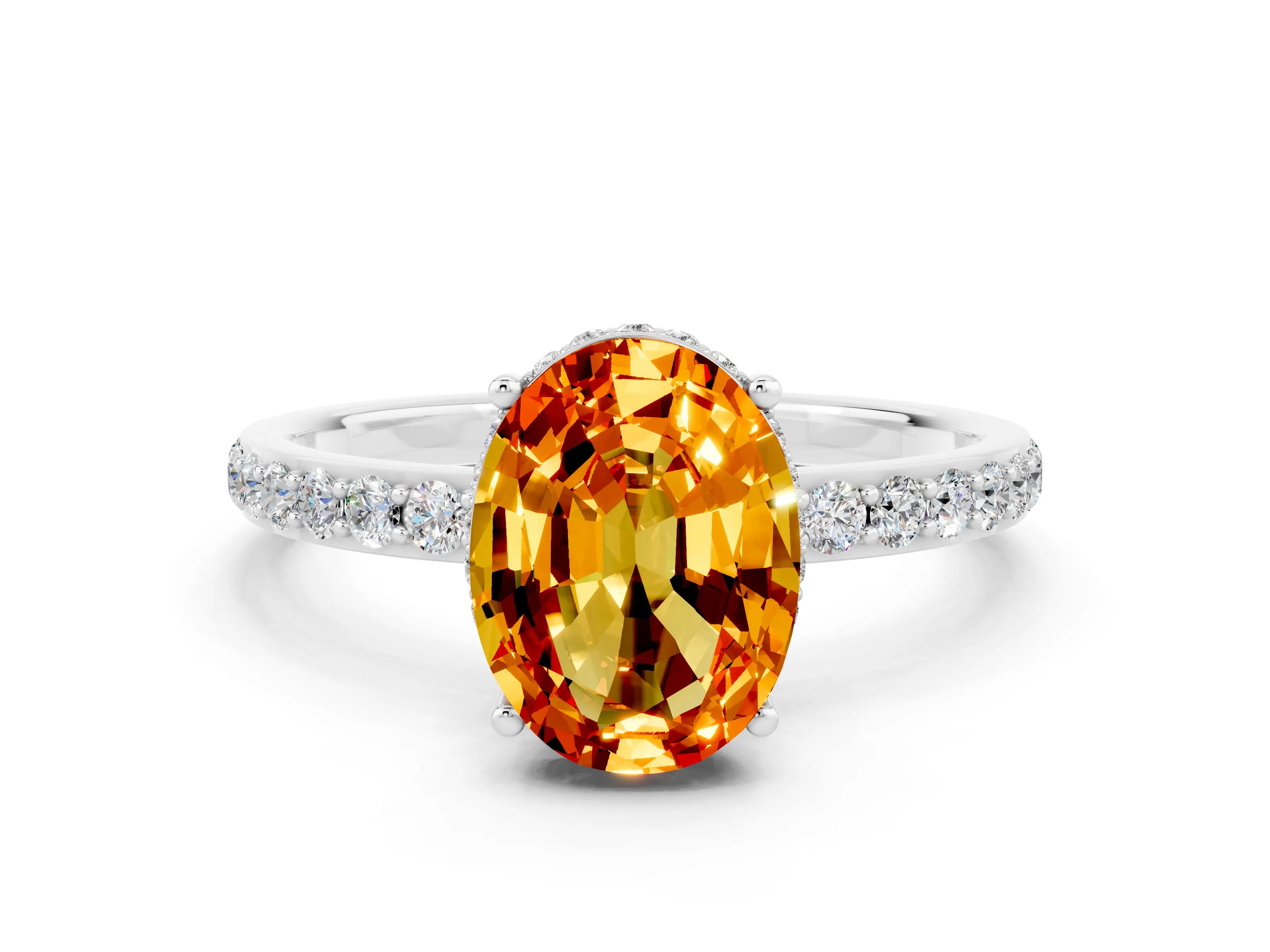 White gold Oval Cut Citrine Solitaire Ring with Pavé Band and Hidden Halo_12