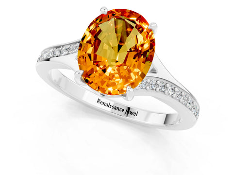 White gold Oval Cut Citrine Solitaire Ring with Pavé Band and Prong Setting_13