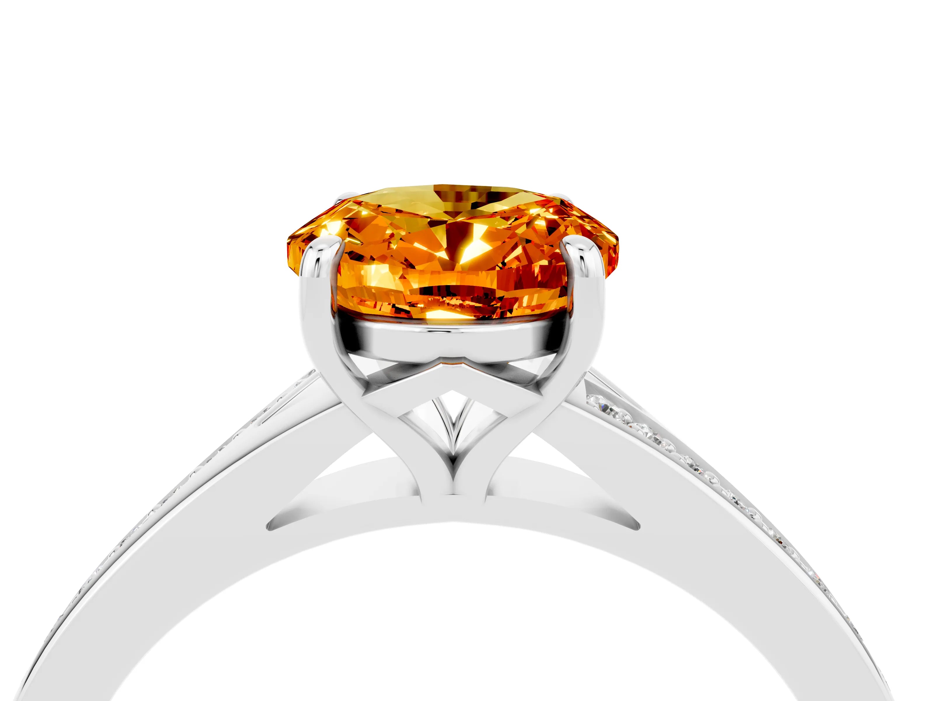 White gold Oval Cut Citrine Solitaire Ring with Pavé Band and Prong Setting_16