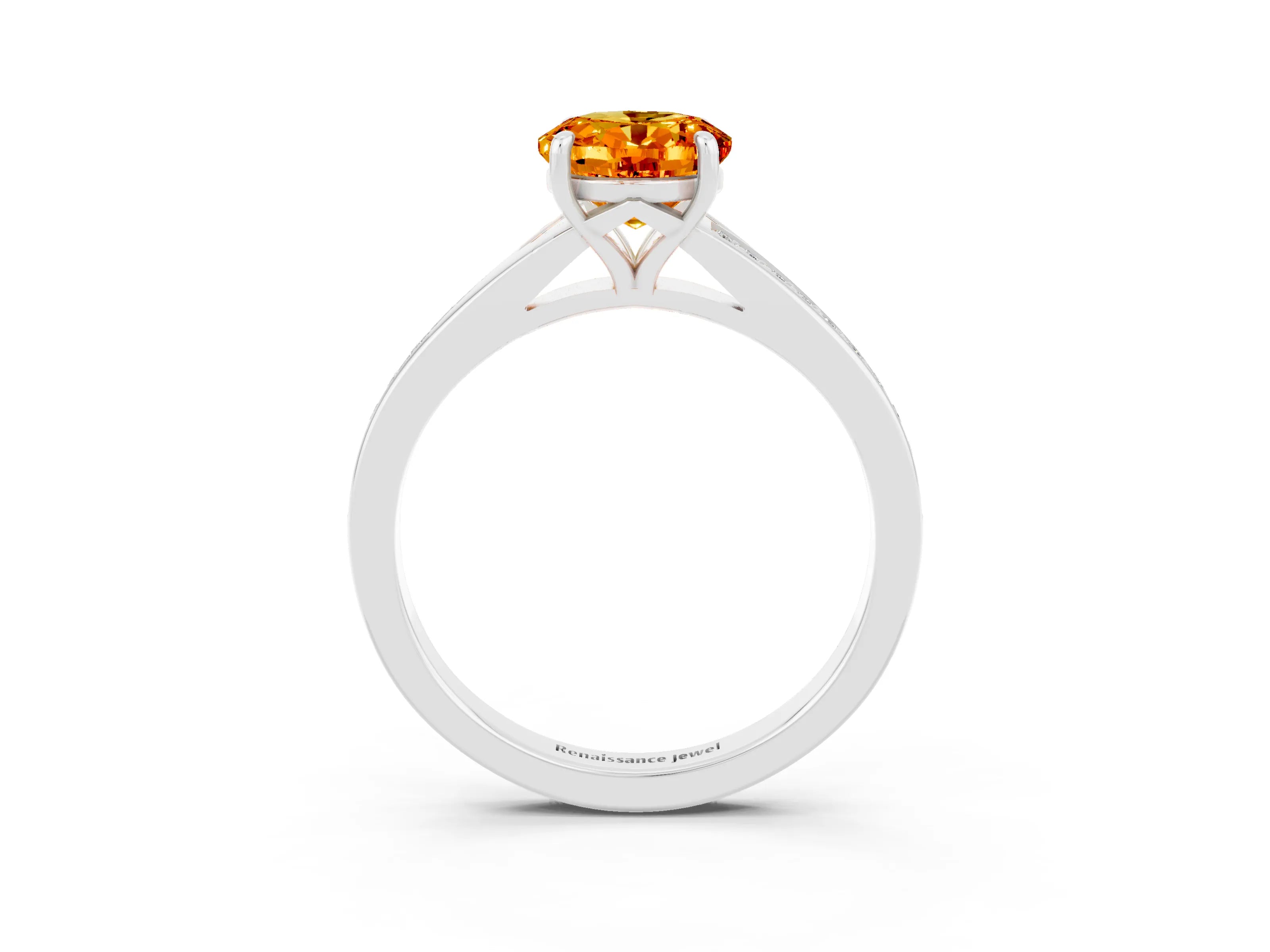 White gold Oval Cut Citrine Solitaire Ring with Pavé Band and Prong Setting_3
