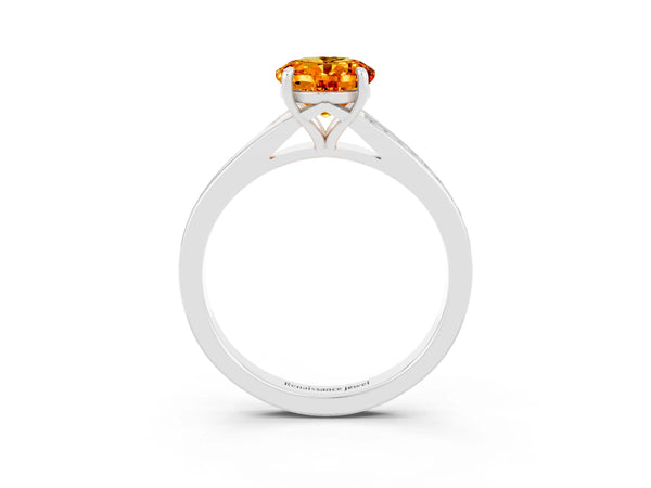 Silver Oval Cut Citrine Solitaire Ring with Pavé Band and Prong Setting