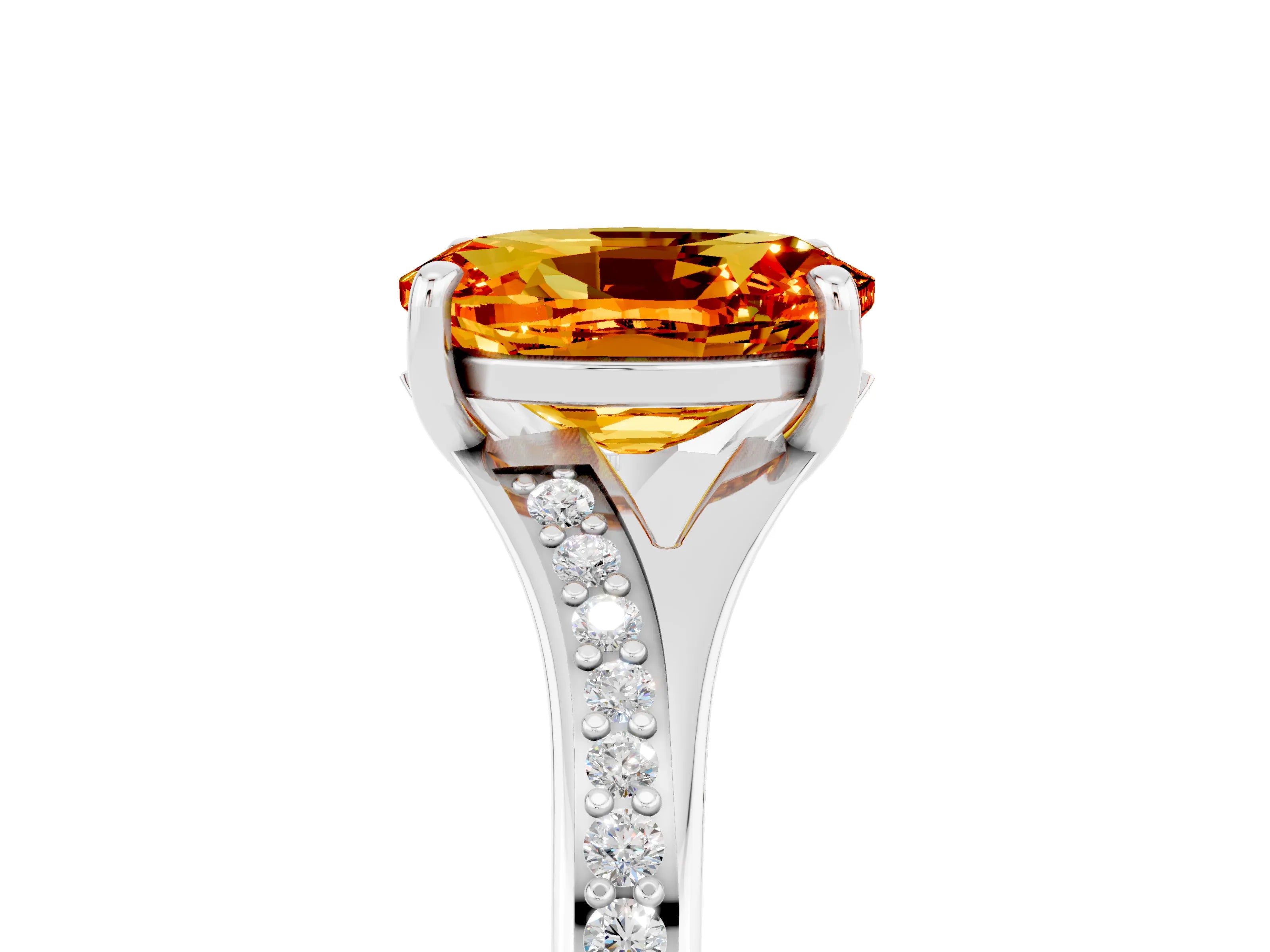 White gold Oval Cut Citrine Solitaire Ring with Pavé Band and Prong Setting_5
