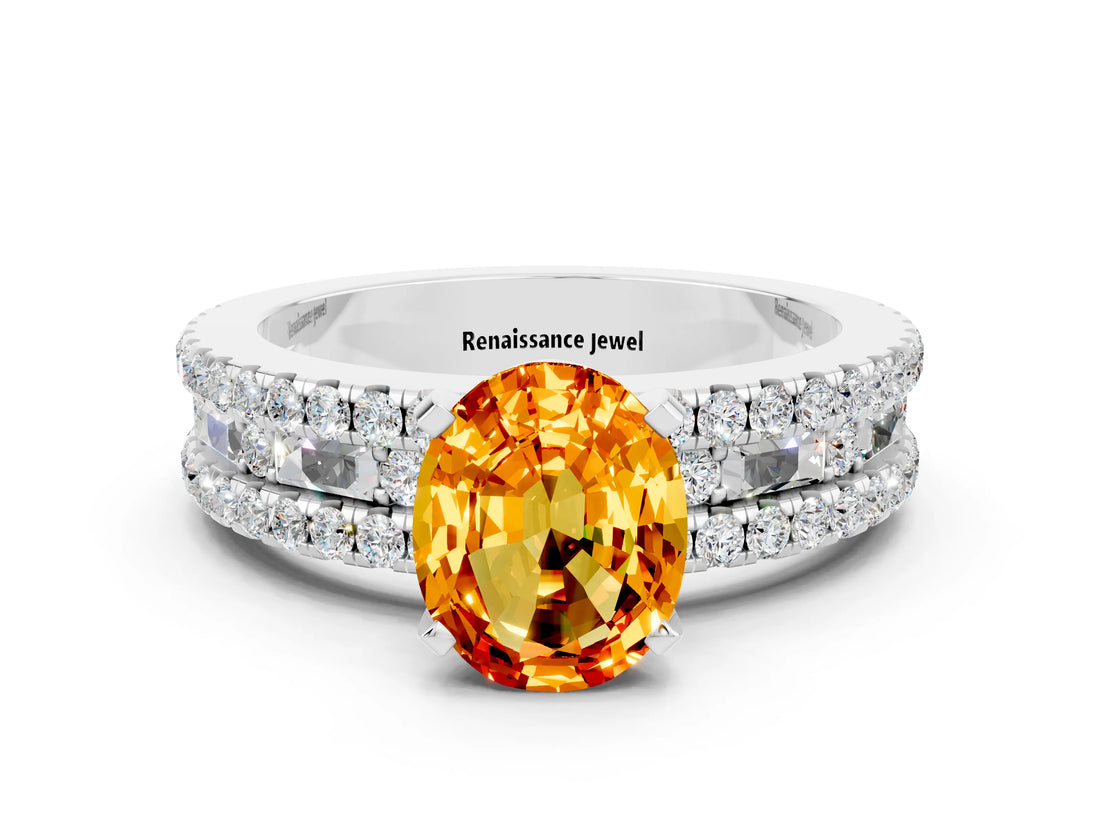 White gold Oval Cut Citrine Solitaire Ring with Pavé and Channel Set Band