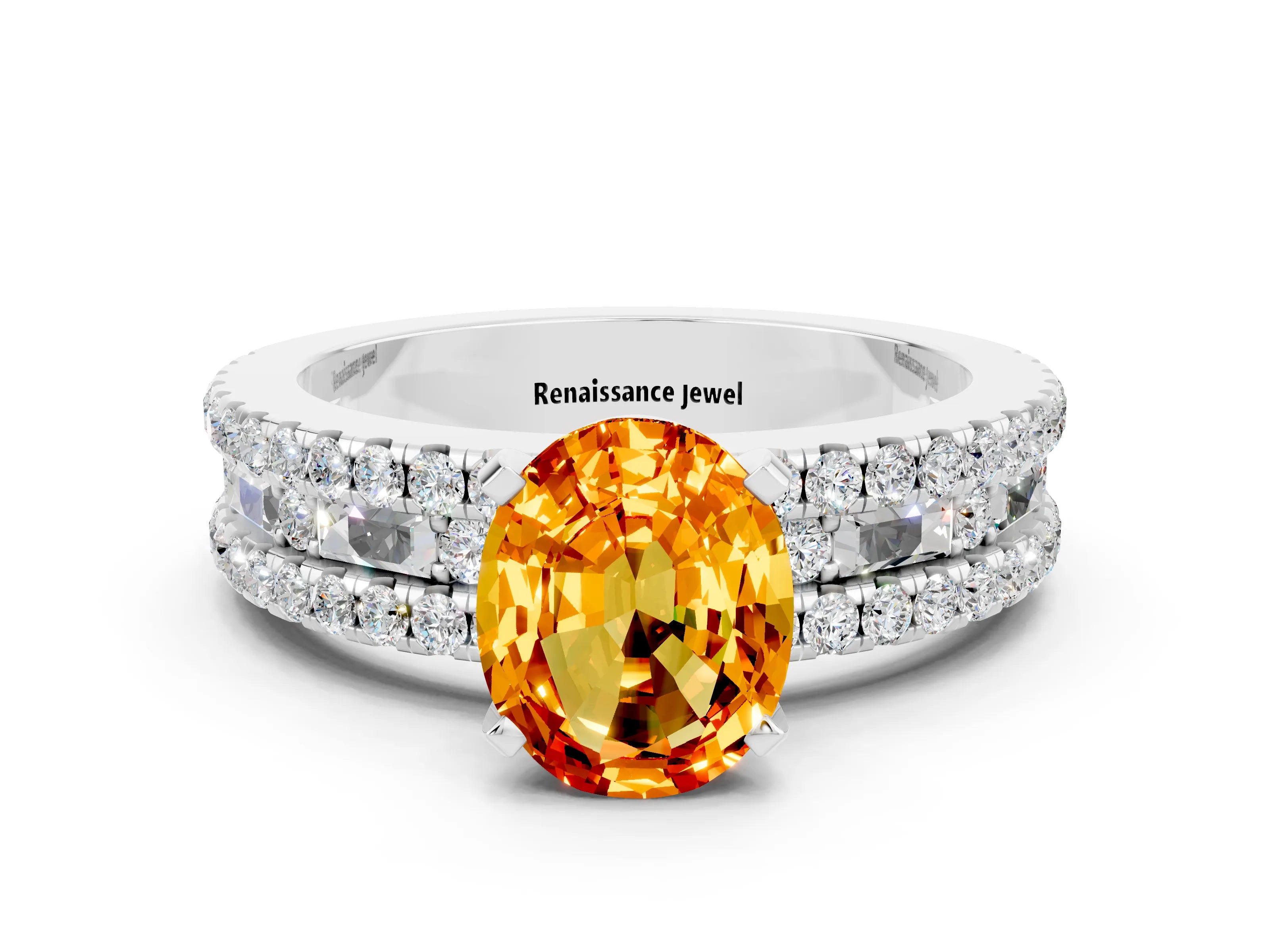White gold Oval Cut Citrine Solitaire Ring with Pavé and Channel Set Band
