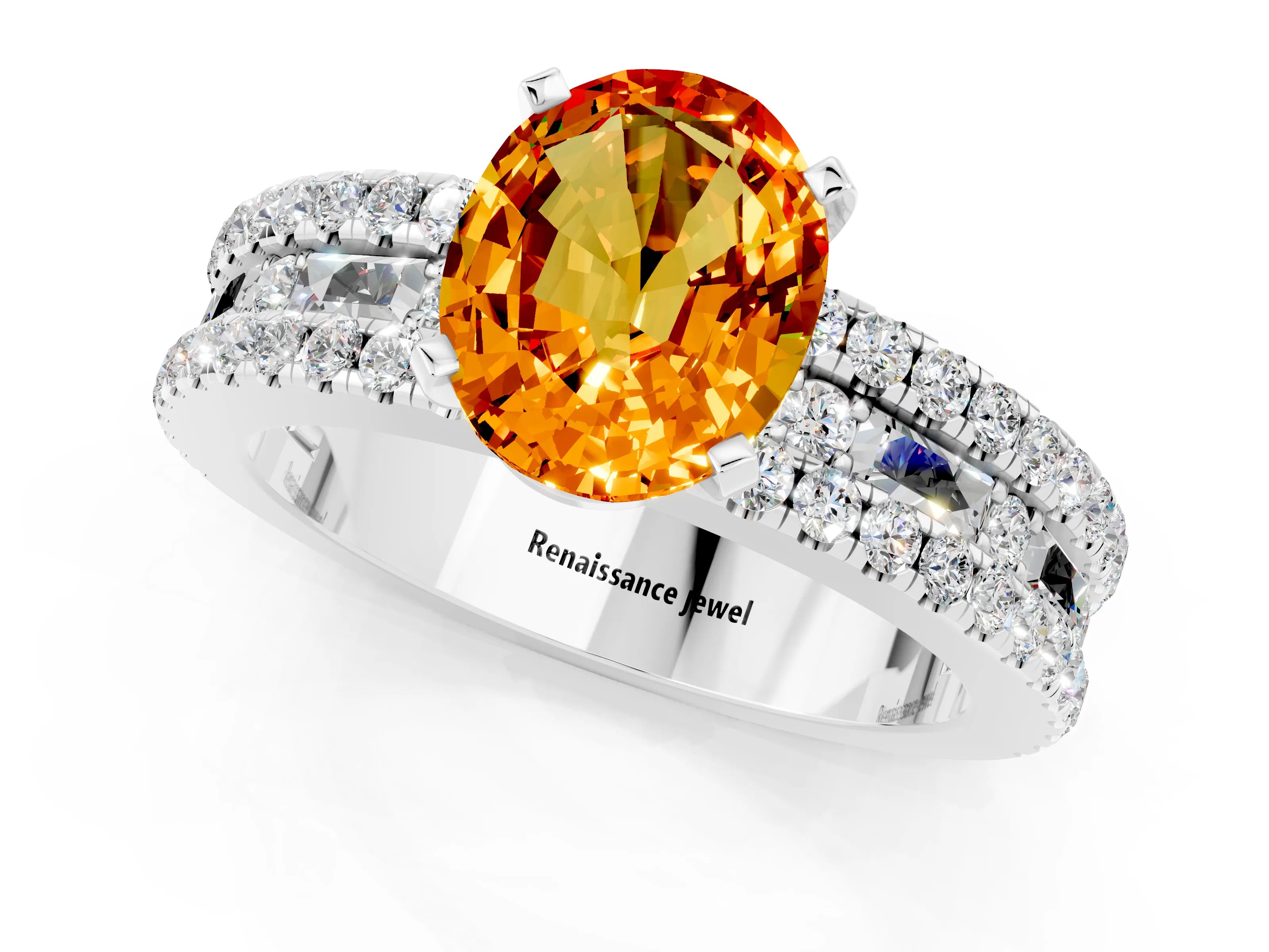 White gold Oval Cut Citrine Solitaire Ring with Pavé and Channel Set Band_1